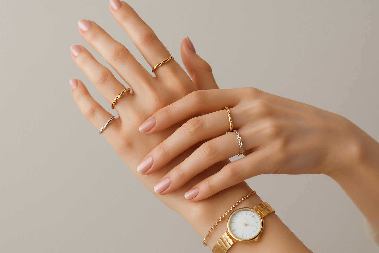 Manos delicadas con joyeria plata y color oro